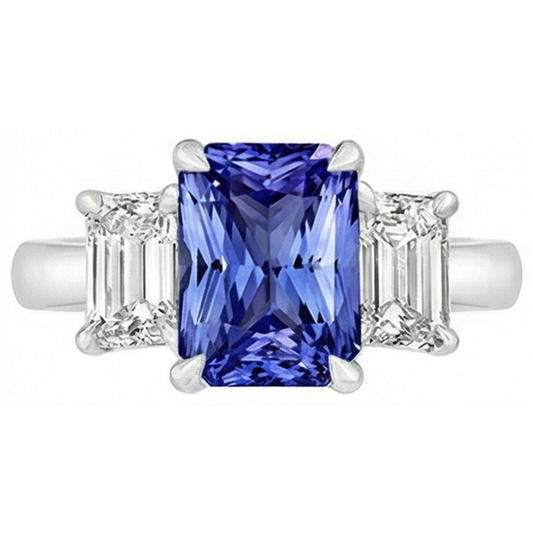Bague trois pierres diamant émeraude et saphir de Ceylan sertie de griffes 3 carats