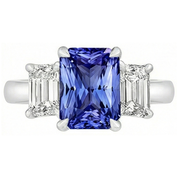 Bague trois pierres diamant émeraude et saphir de Ceylan sertie de griffes 3 carats