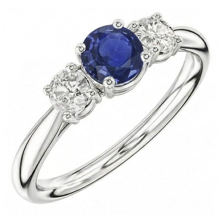 Bague trois pierres rondes en saphir bleu et diamant 1,50 carats