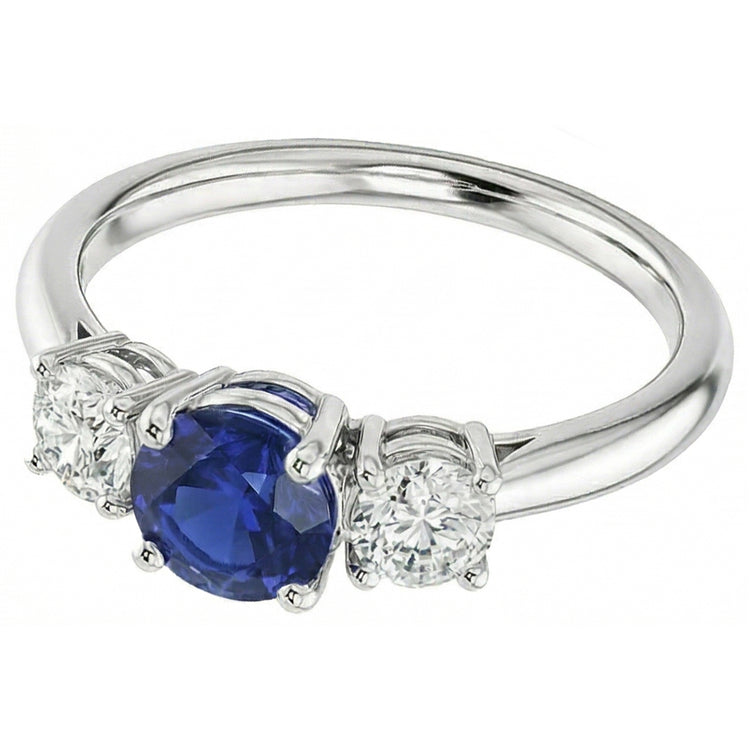Bague trois pierres rondes en saphir bleu et diamant 1,50 carats