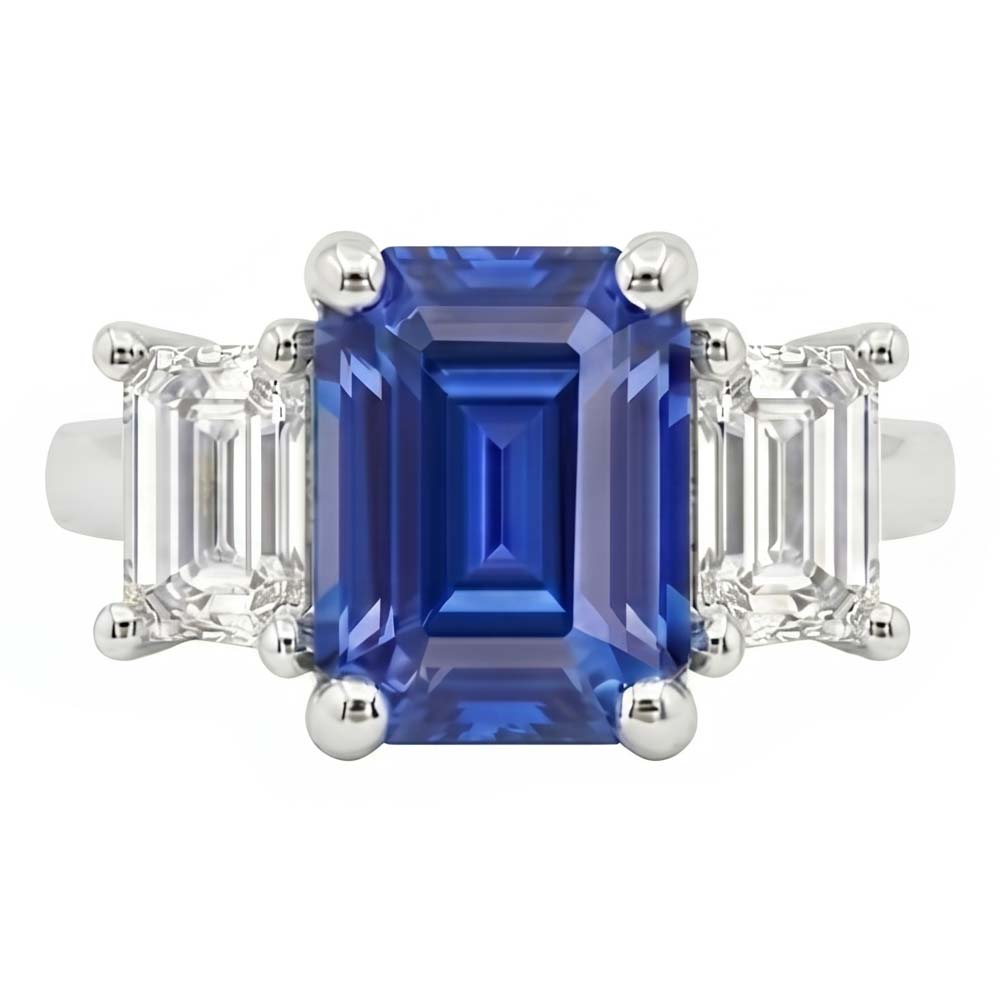 Bague trois pierres saphir bleu émeraude et diamants 2.50 carats
