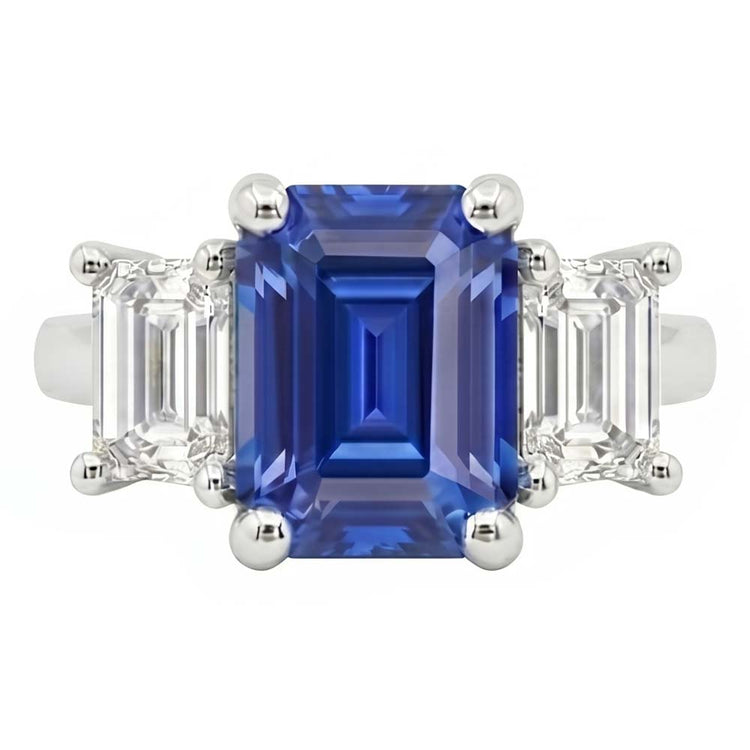 Bague trois pierres saphir bleu émeraude et diamants 2.50 carats