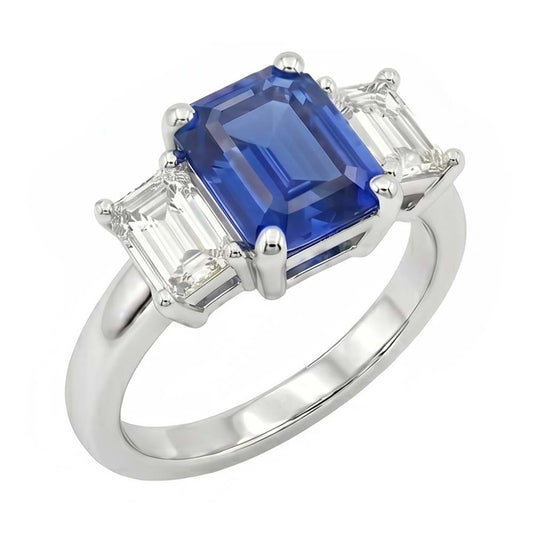 Bague trois pierres saphir bleu émeraude et diamants 2.50 carats