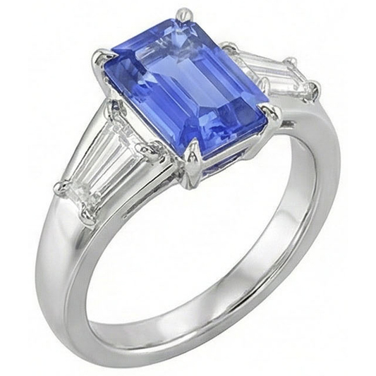 Bague trois pierres saphir bleu émeraude et diamants 3.50 carats