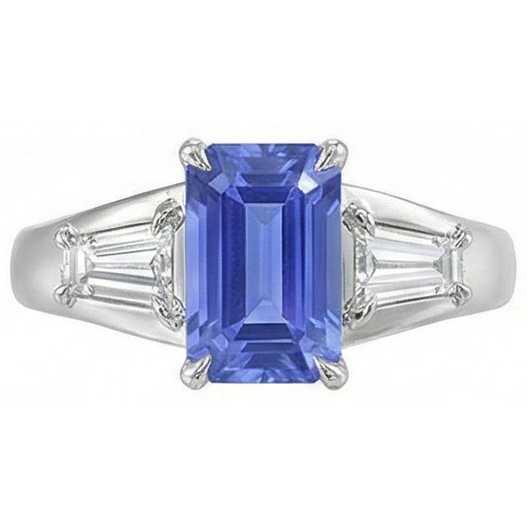 Bague trois pierres saphir bleu émeraude et diamants 3.50 carats