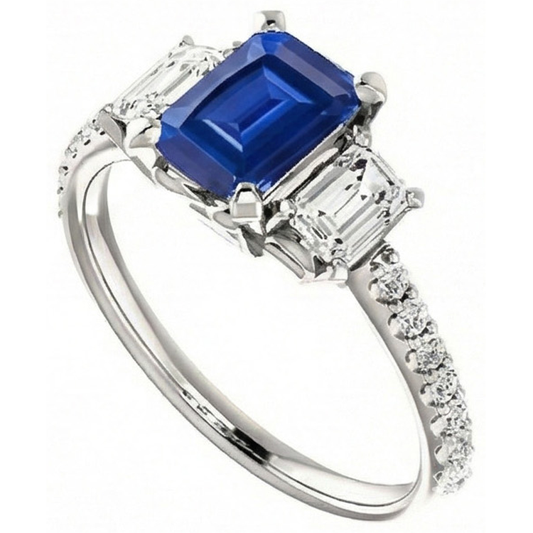 Bague trois pierres saphir émeraude avec diamants accentués 3.50 carats