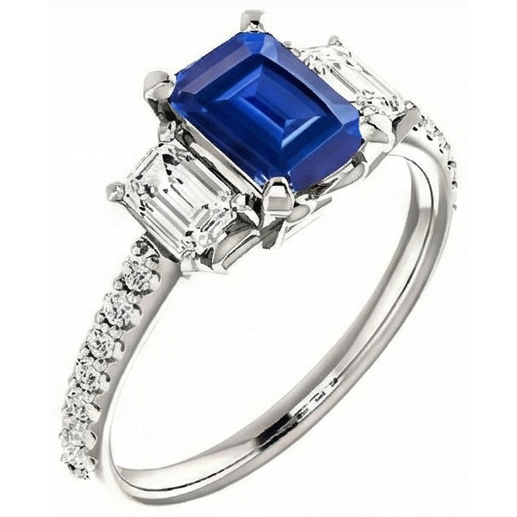 Bague trois pierres saphir émeraude avec diamants accentués 3.50 carats
