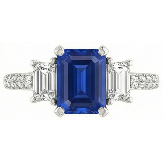Bague trois pierres saphir émeraude avec diamants accentués 3.50 carats