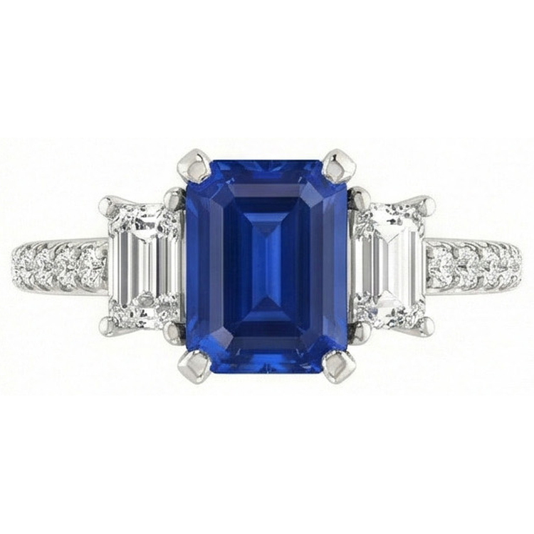 Bague trois pierres saphir émeraude avec diamants accentués 3.50 carats