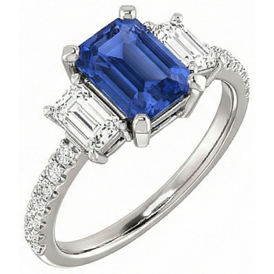 Bague trois pierres saphir émeraude avec diamants accentués 4.50 carats