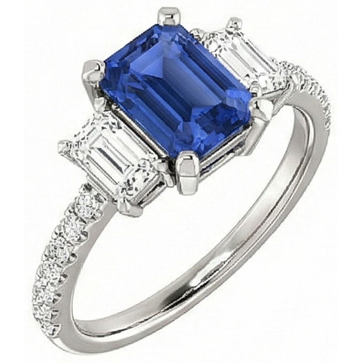 Bague trois pierres saphir émeraude avec diamants accentués 4.50 carats