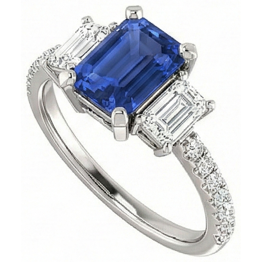 Bague trois pierres saphir émeraude avec diamants accentués 4.50 carats