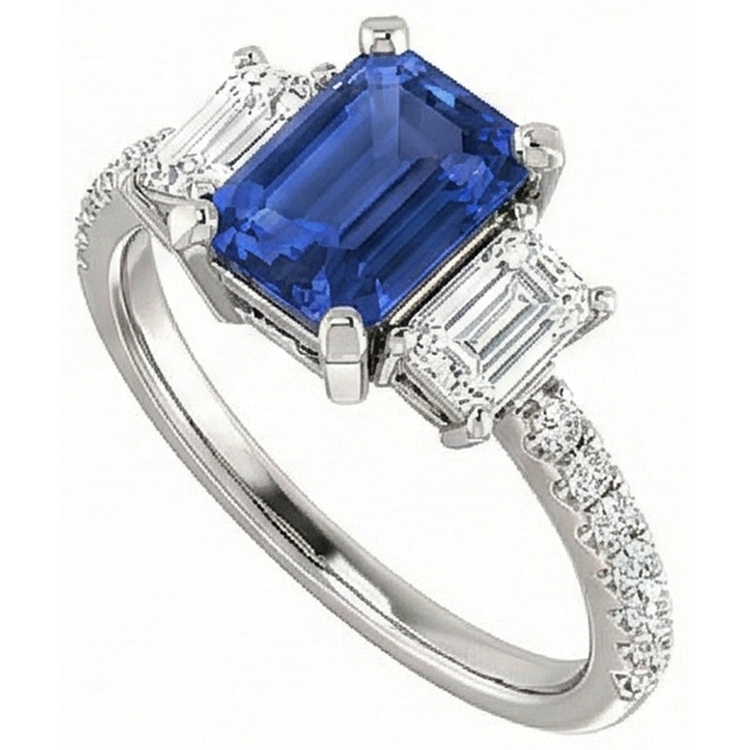 Bague trois pierres saphir émeraude avec diamants accentués 4.50 carats