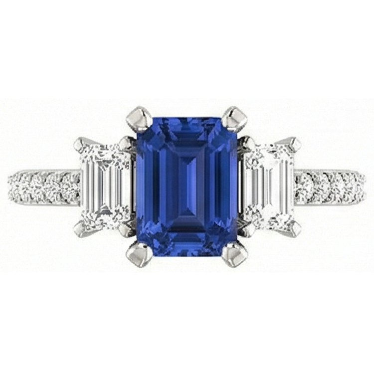 Bague trois pierres saphir émeraude avec diamants accentués 4.50 carats
