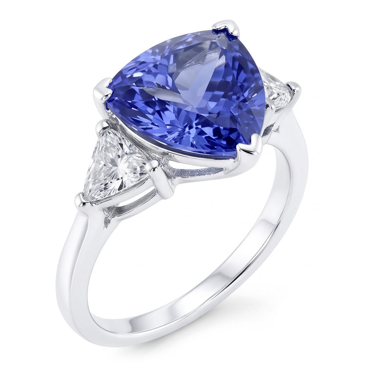 Bague trois pierres taille trilliant diamant bleu pierre précieuse 6.5 carats WG 14K
