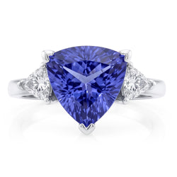 Bague trois pierres taille trilliant diamant bleu pierre précieuse 6.5 carats WG 14K