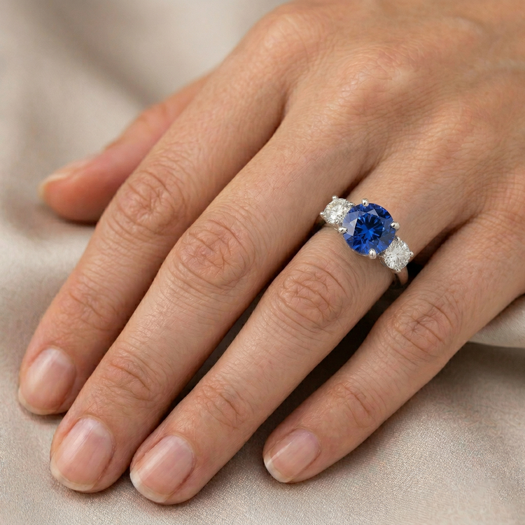 Bague 3 Pierres Diamant Naturels Extraits des Mines ( et non cultivés en laboratoire ) Saphir Bleu Ceylan Or Blanc 14K 3.5 Carats