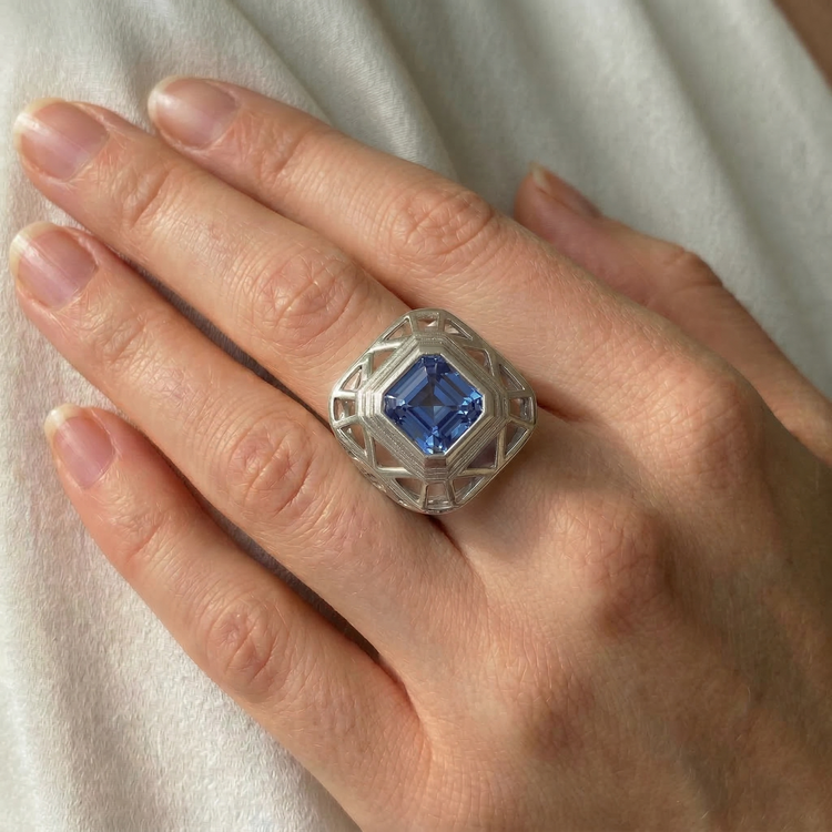 Bague Asscher Solitaire Homme 2.50 Carats Saphir Srilankais Sertie Lunette