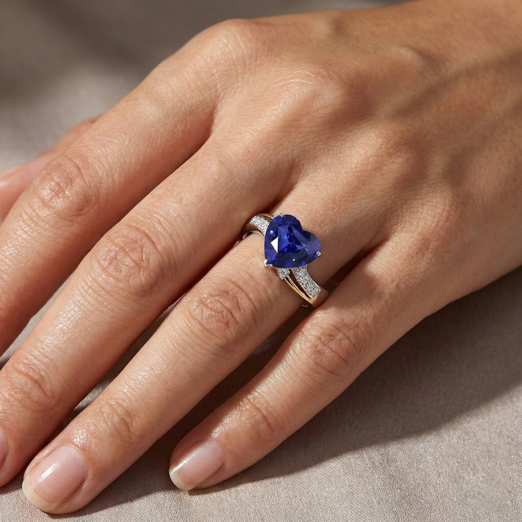 Bague Diamant Coeur Anniversaire Saphir Bleu 3 Carats Bijoux Femme