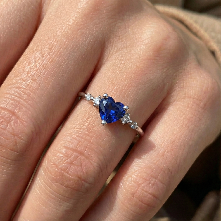Bague Diamant Coeur Saphir Bleu 5 Pierres 1.25 Carats Bijoux En Or