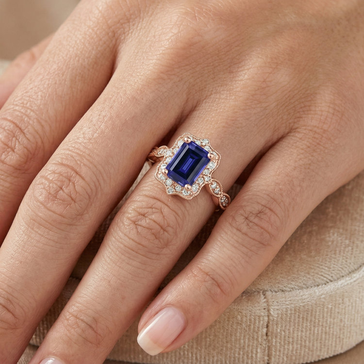 Bague Diamant Naturels Extraits des Mines ( et non cultivés en laboratoire ) Saphir Bleu Style Antique 3 Carats Pierre Gemme