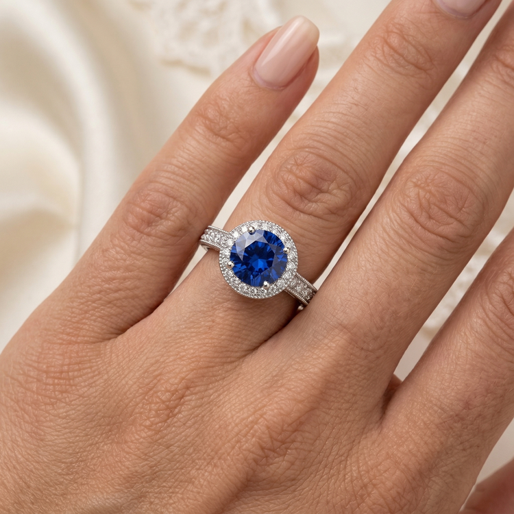 naturel round saphir 3.05carats bague vue de profil