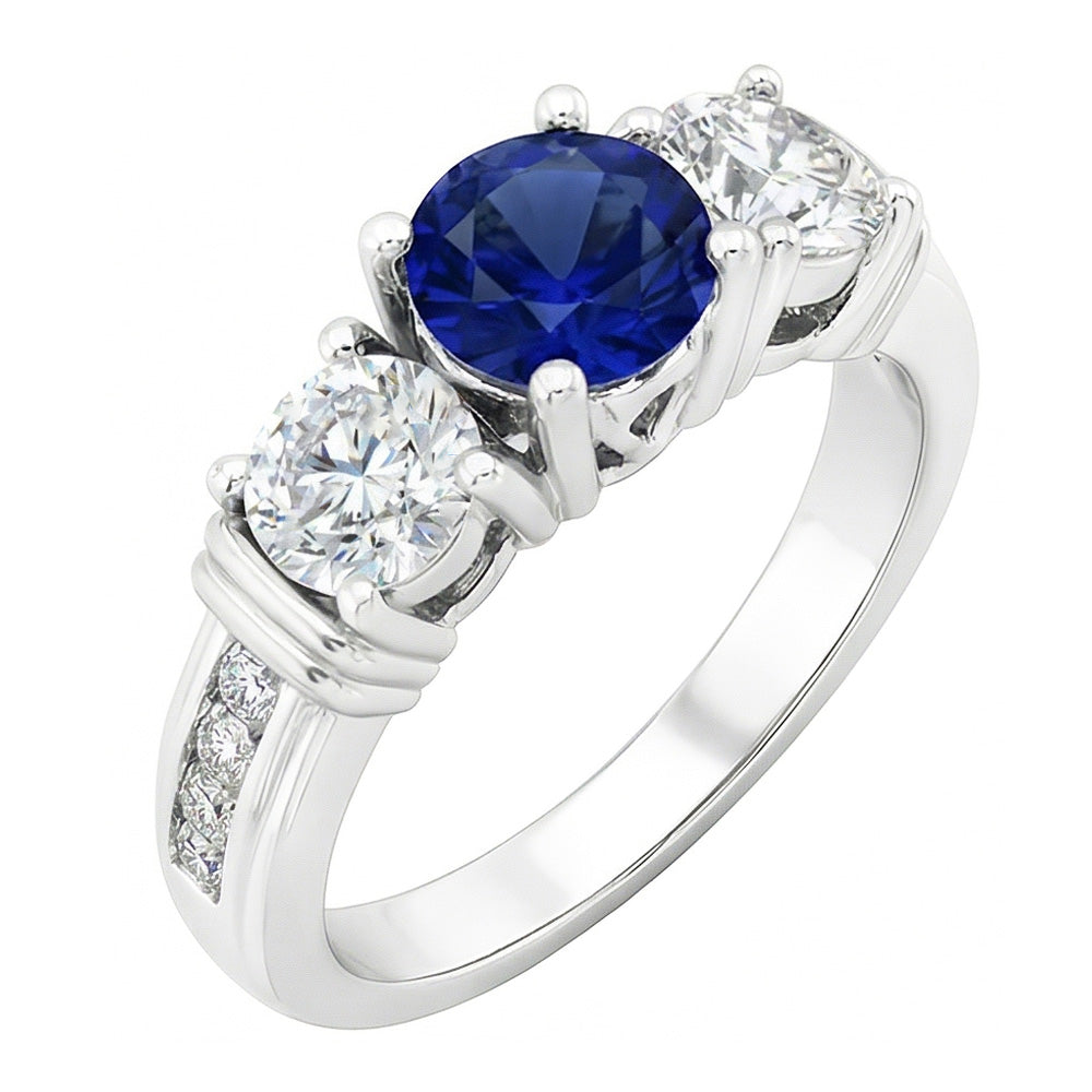 Bague Diamant Rond Saphir Bleu Serti Clos Or Blanc 3 Carats 14K