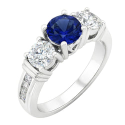 Bague Diamant Rond Saphir Bleu Serti Clos Or Blanc 3 Carats 14K