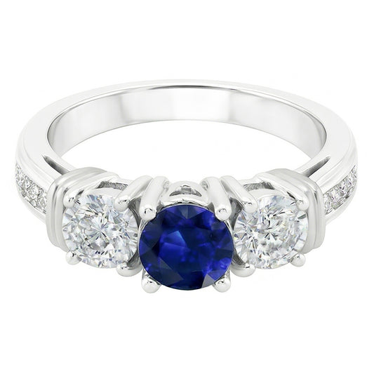 Bague Diamant Rond Saphir Bleu Serti Clos Or Blanc 3 Carats 14K