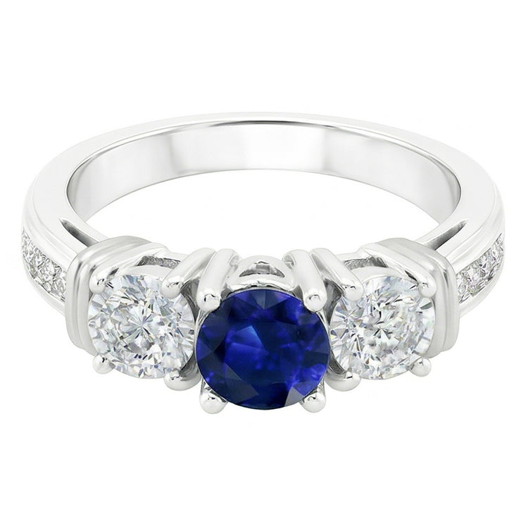 Bague Diamant Rond Saphir Bleu Serti Clos Or Blanc 3 Carats 14K