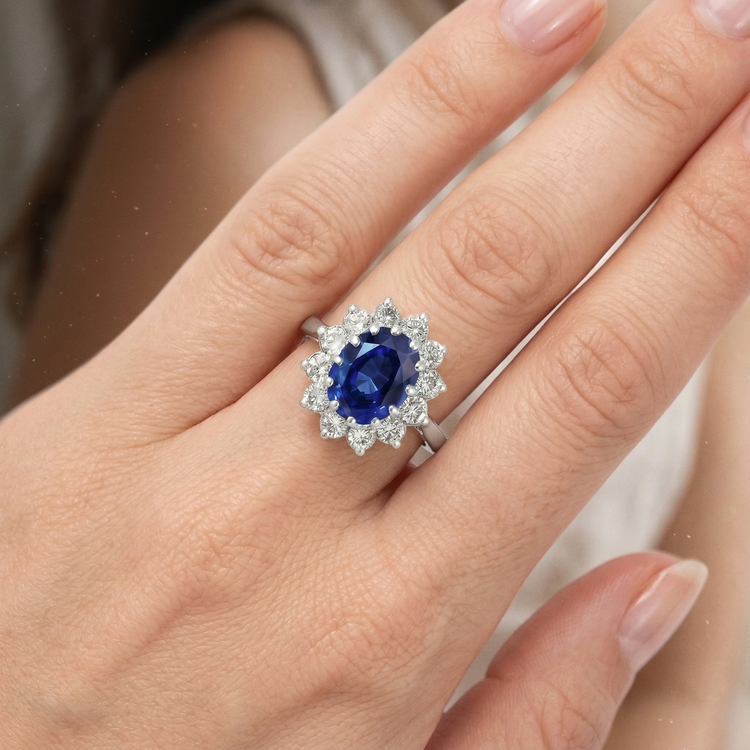 Bague Diamants Naturels Extraits des Mines ( et non cultivés en laboratoire ) Saphir Bleu Sri Lanka 6 Carats Or Blanc 14K