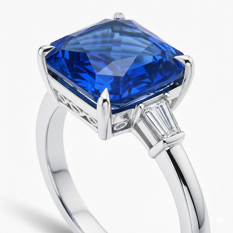 Bague Griffe d'Aigle Diamant Saphir Bleu Radiant 7 Ct Ou 14K