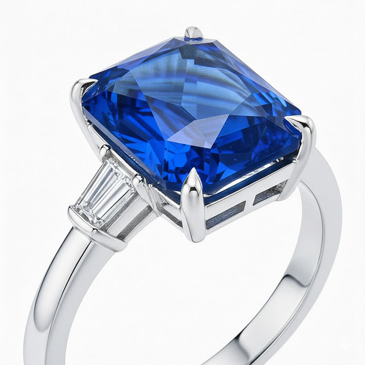Bague Griffe d'Aigle Diamant Saphir Bleu Radiant 7 Ct Ou 14K