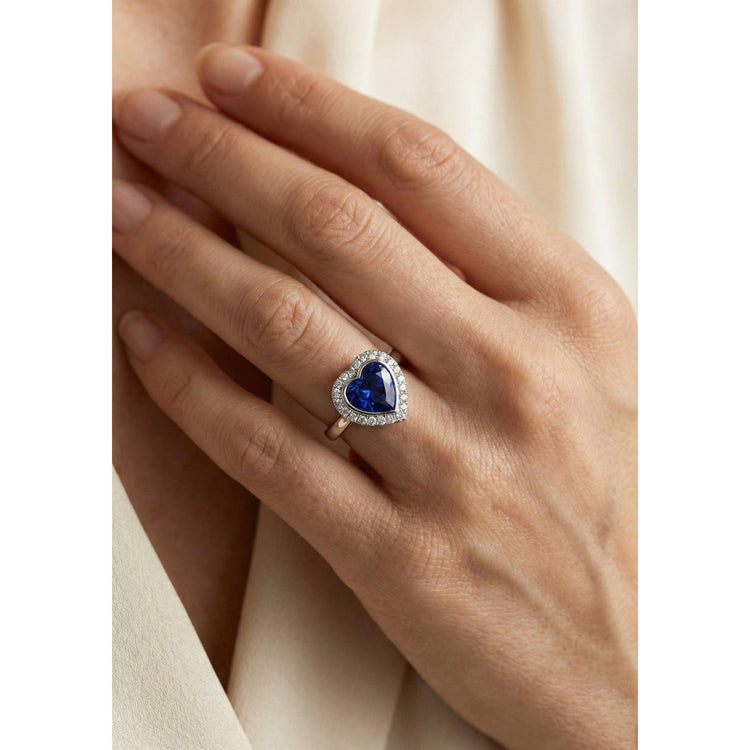 Bague Halo Or Blanc Coeur Saphir Bleu Foncé Bijoux 4 Carats