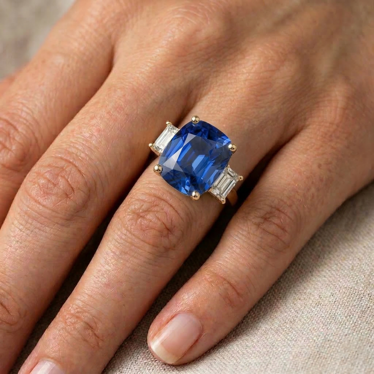Bague Or Jaune 3 Pierres Coussin Saphir Ceylan & Diamants Naturels Extraits des Mines ( et non cultivés en laboratoire ) 9 Carats