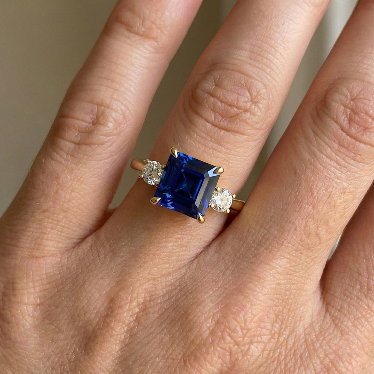 Bague Or Jaune Diamant Naturels Extraits des Mines ( et non cultivés en laboratoire ) Rond & Saphir Bleu Coussin 2.75 Carats Neuf