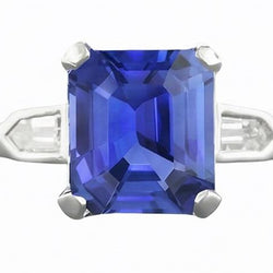 Bague Saphir 3 Pierres Taille Émeraude Diamants Baguette Conique 3 Carats