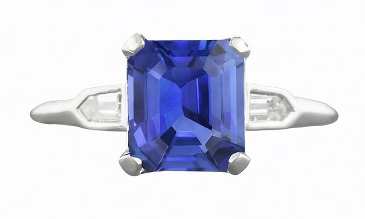 Bague Saphir 3 Pierres Taille Émeraude Diamants Baguette Conique 3 Carats