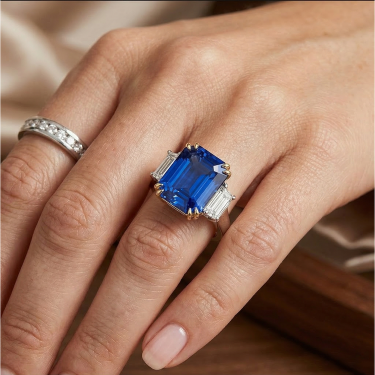 Bague Saphir Bleu 8 Carats Et Diamants Naturels Extraits des Mines ( et non cultivés en laboratoire )