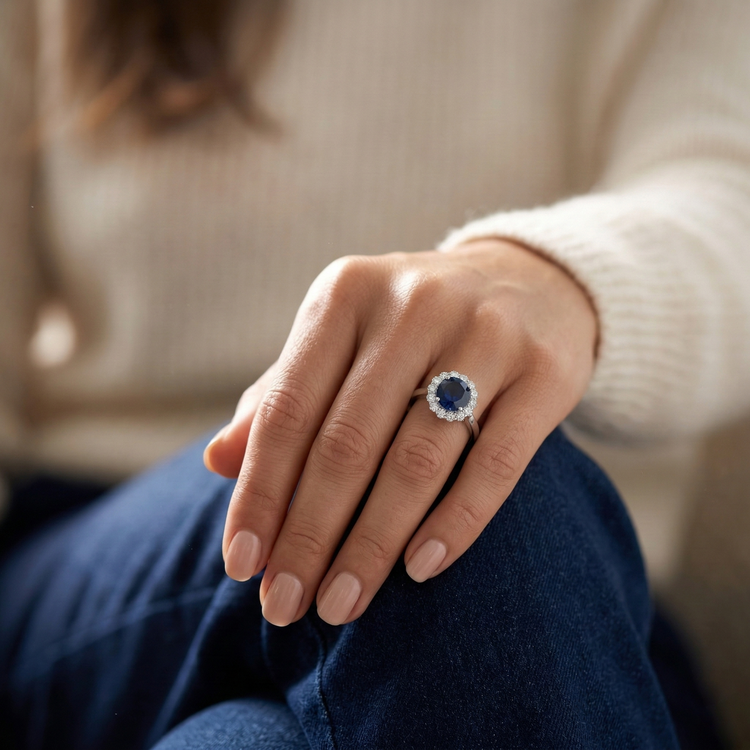 Bague Saphir Bleu Ceylan Diamant Naturels Extraits des Mines ( et non cultivés en laboratoire ) Rond 2.45 Carats Or Blanc 14K