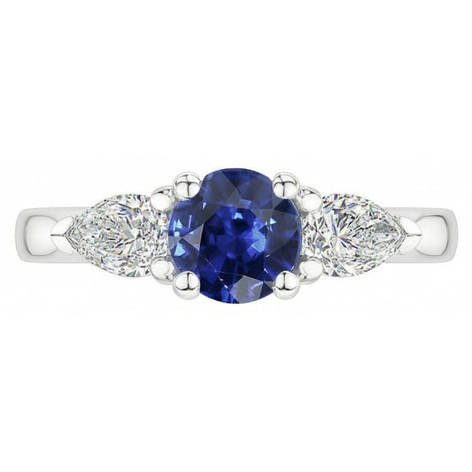 Bague Saphir Bleu Naturel Rond Trois Pierres Diamant Poire 1.50 Carats
