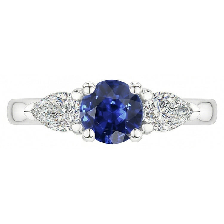 Bague Saphir Bleu Naturel Rond Trois Pierres Diamant Poire 1.50 Carats