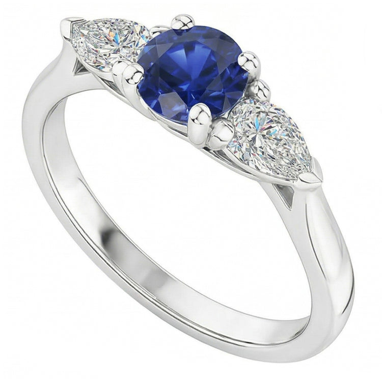 Bague Saphir Bleu Naturel Rond Trois Pierres Diamant Poire 1.50 Carats
