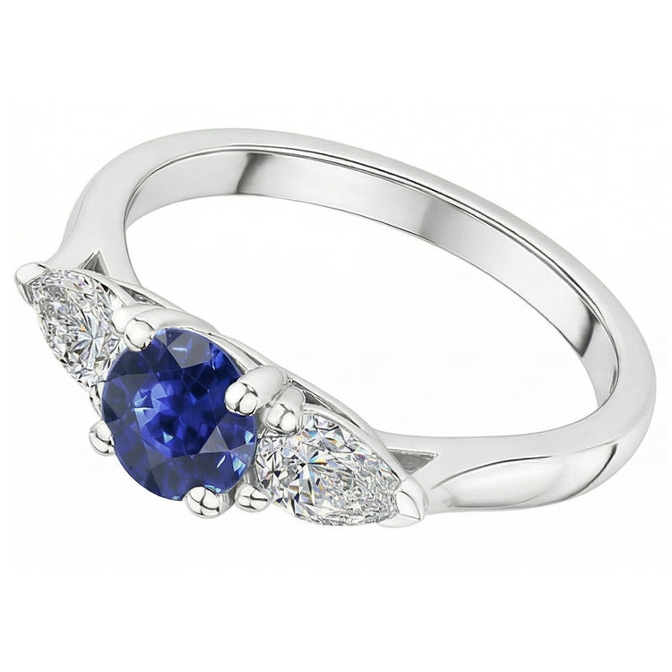 Bague Saphir Bleu Naturel Rond Trois Pierres Diamant Poire 1.50 Carats