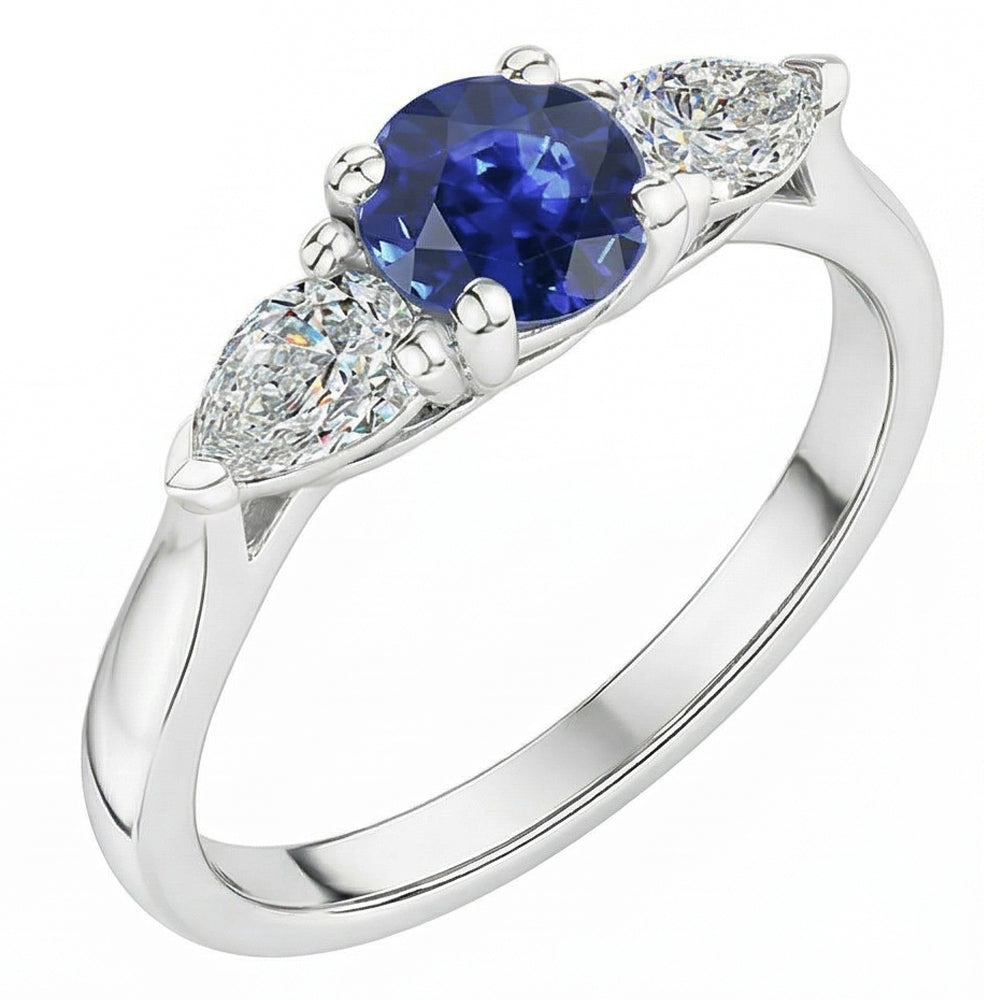 Bague Saphir Bleu Naturel Rond Trois Pierres Diamant Poire 1.50 Carats