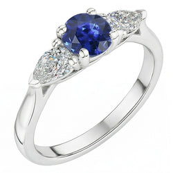 Bague Saphir Bleu Naturel Rond Trois Pierres Diamant Poire 1.50 Carats