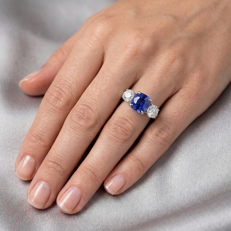 Bague Saphir Bleu & Diamant Rond 3.50 Carats Bijoux Style 3 Pierres