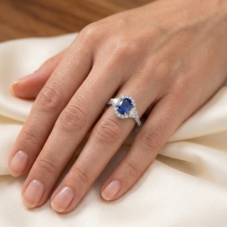 Bague Saphir Ceylan 4 Carats Et Diamants Naturels Extraits des Mines ( et non cultivés en laboratoire ) Or Blanc 14K