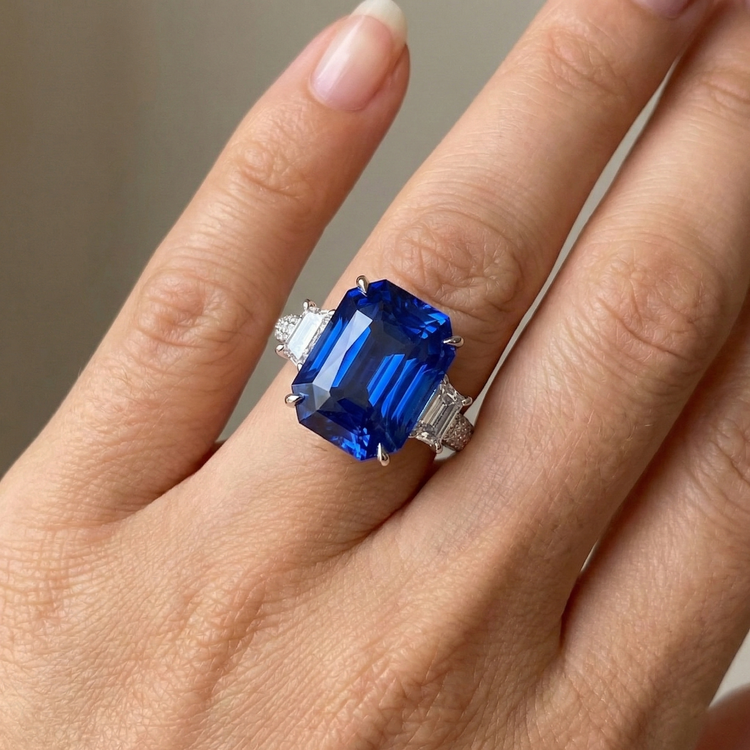 Bague Saphir Ceylan Diamant Radiant 7.50 Carats 3 Pierres Style Griffe