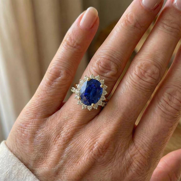 Bague Saphir Ceylan En Or Jaune Sertie De Diamants Naturels Extraits des Mines ( et non cultivés en laboratoire ) 7.50 Carats
